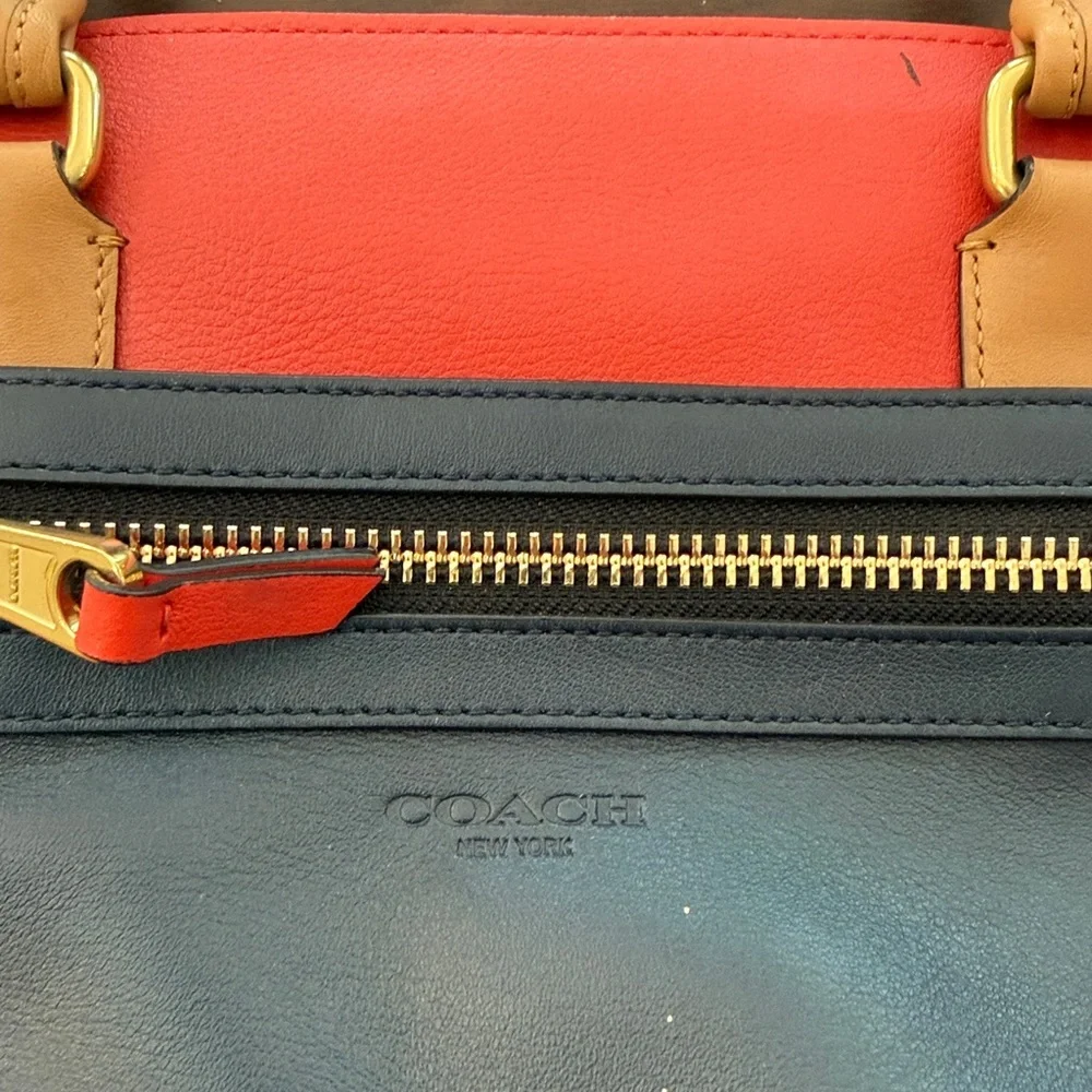 Coach Red, Navy & Tan Leather Satchel with Tassel Accents